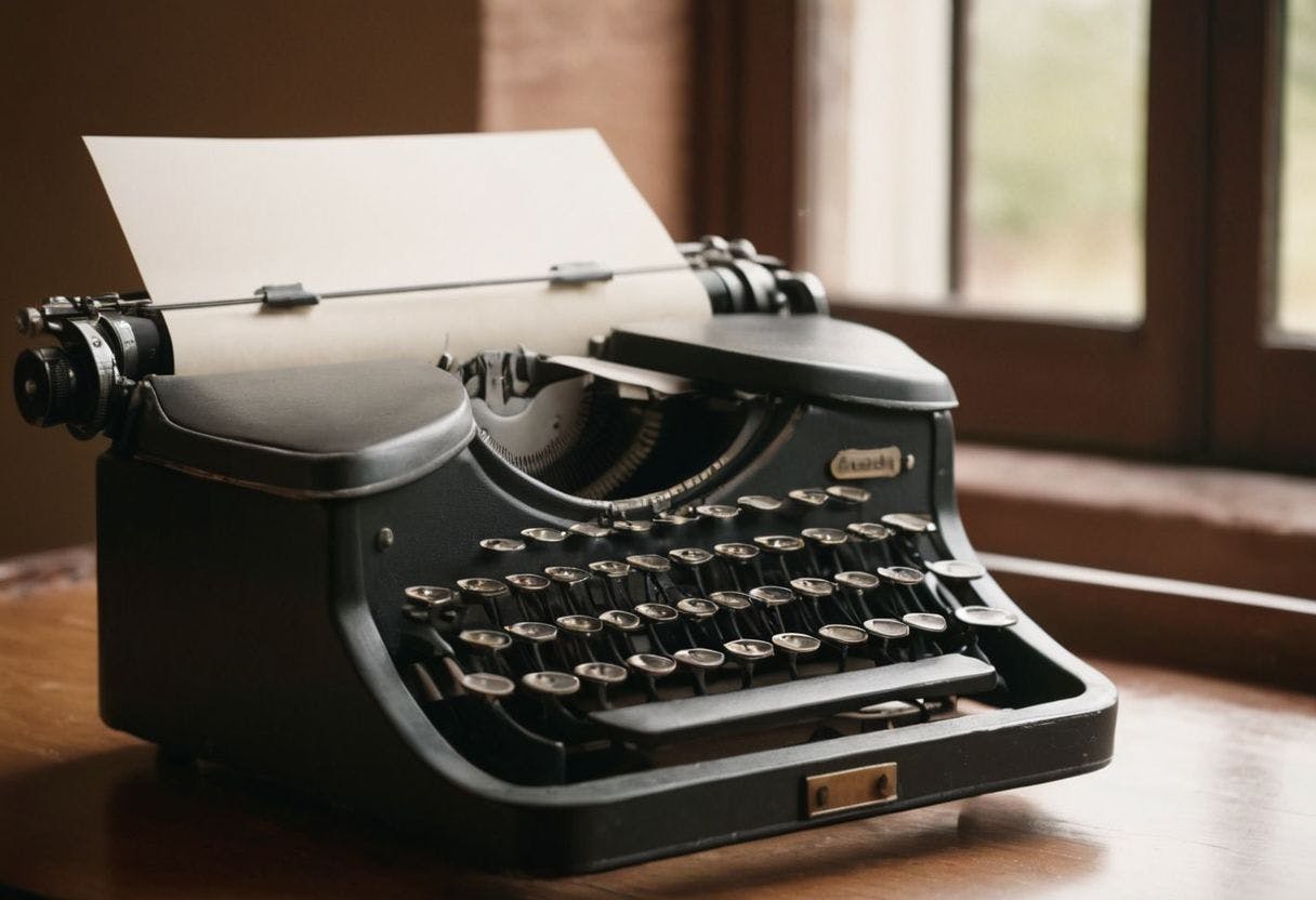 Close-up of a classic typewriter with a blank sheet of paper, ready for the first word, in a vintage setting, Photography capturing the anticipation of beginning a story with focus on the typewriter.