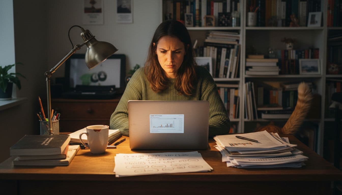 Writer reviews keyword trends on laptop