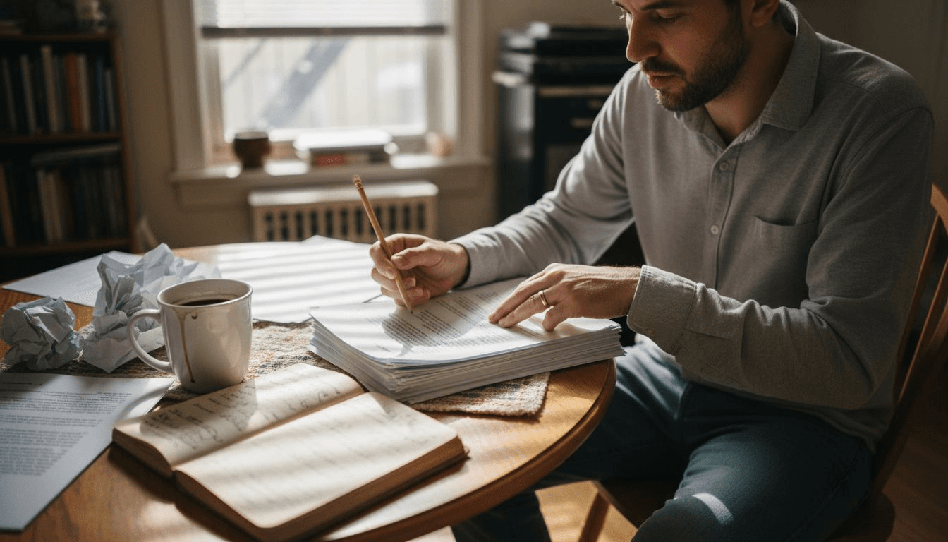 Writer reviewing and editing blog drafts