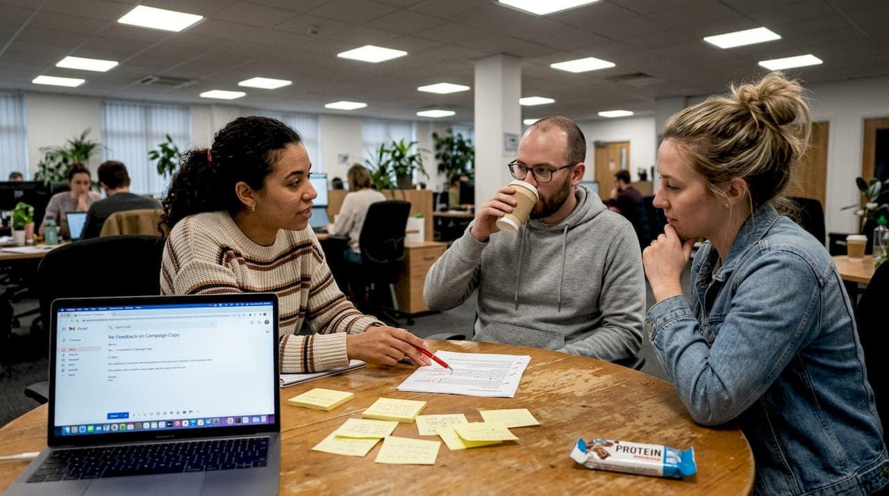 Team reviewing printed ad copy in office