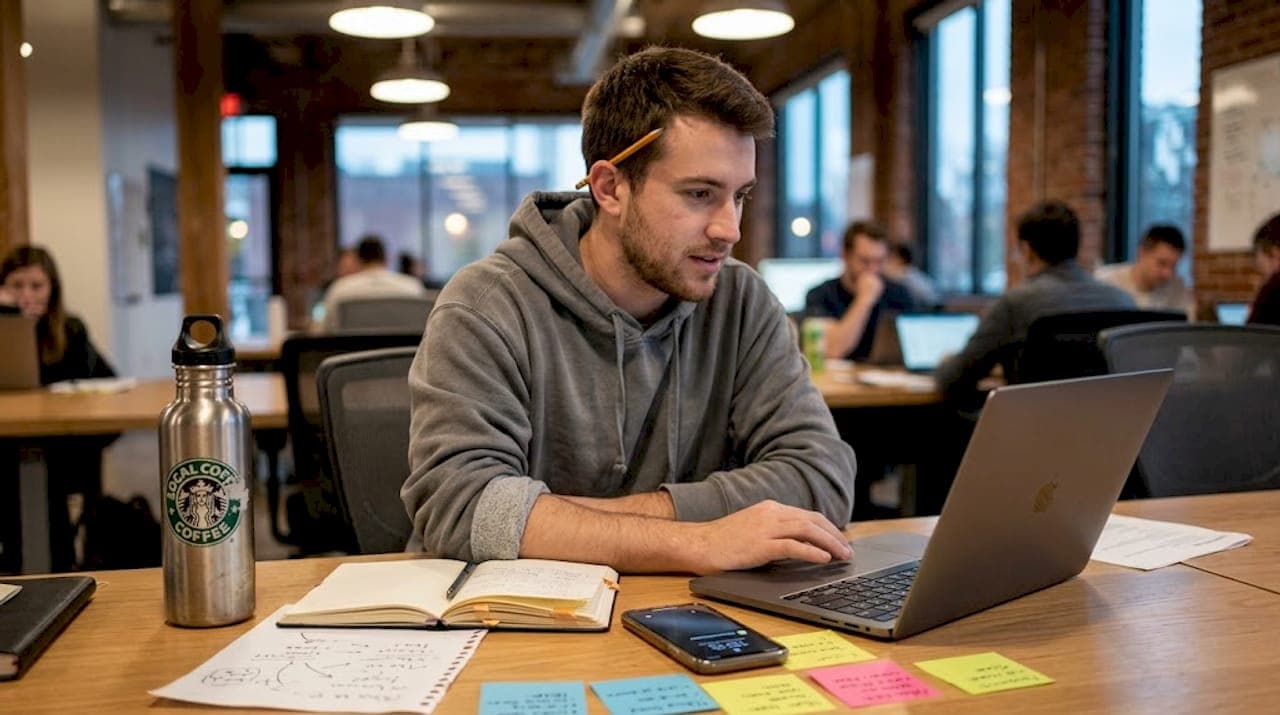 Marketer revising article on coworking desk