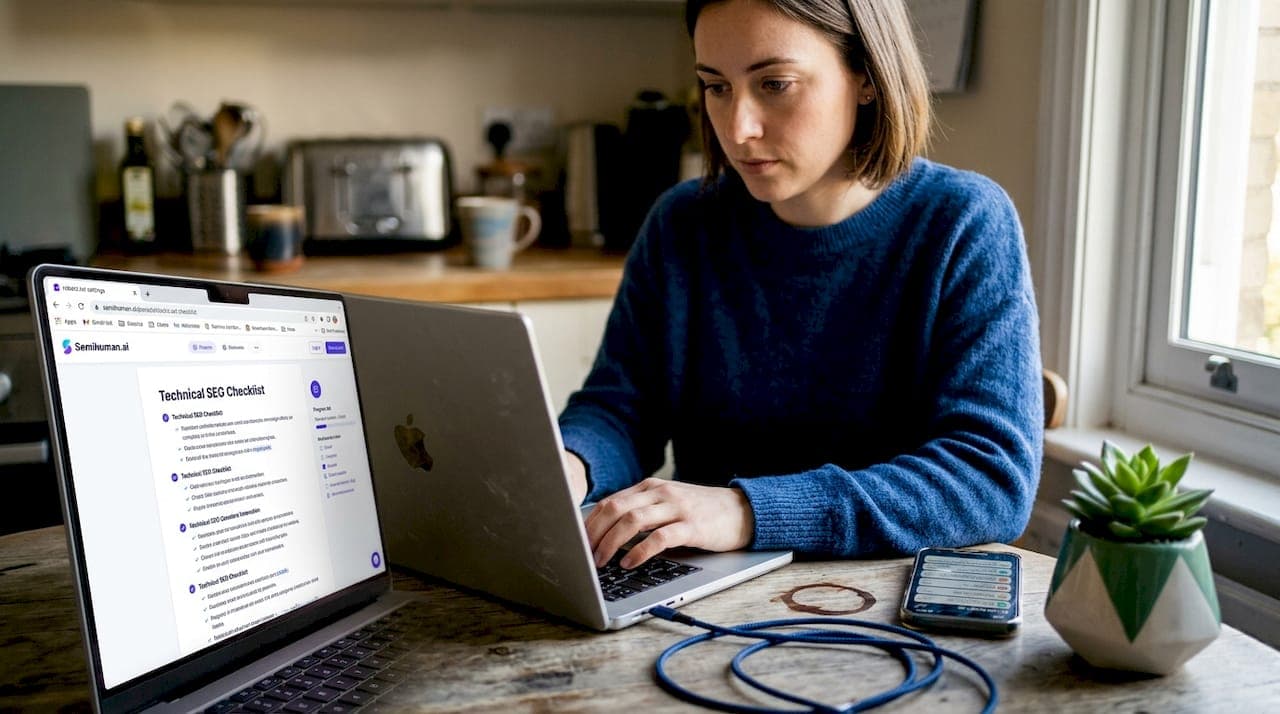 Manager checks technical SEO on laptop