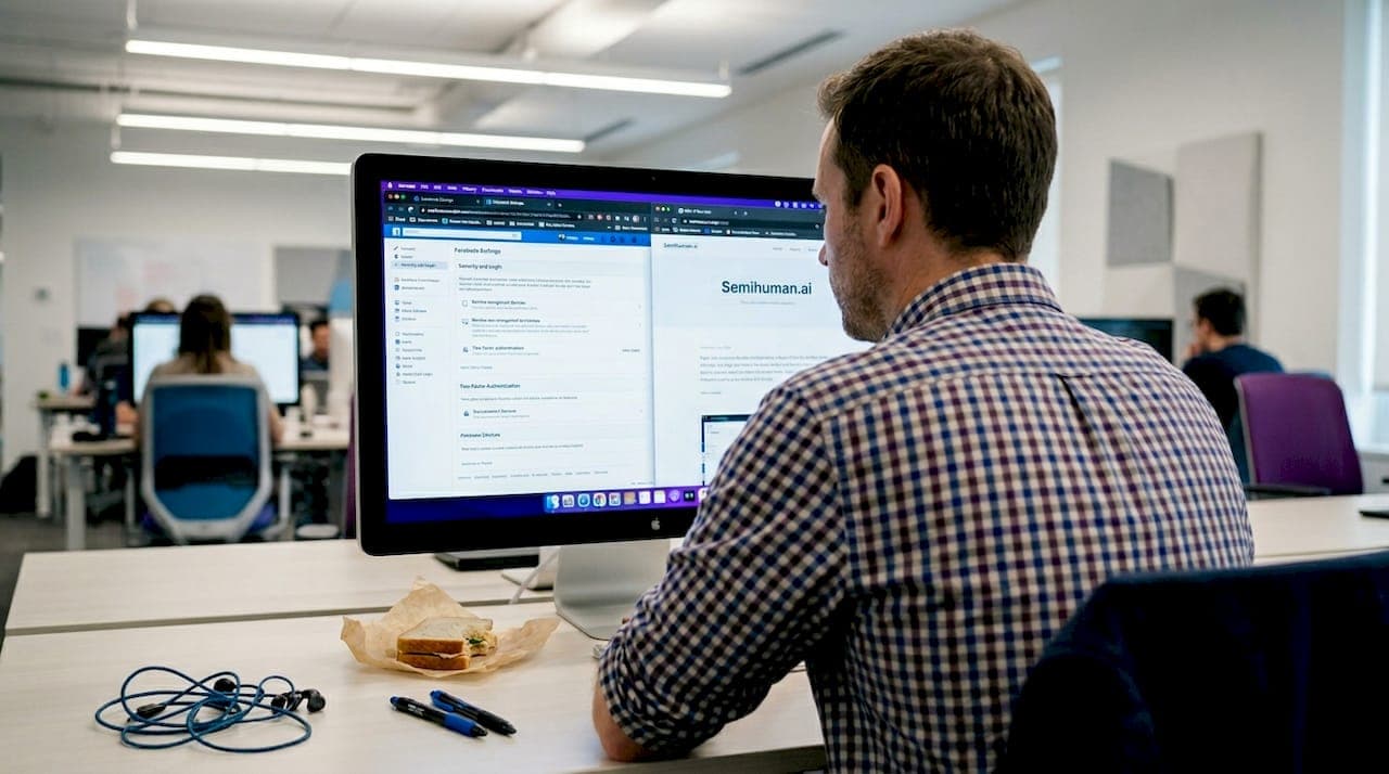 Man auditing social media history at open-plan desk